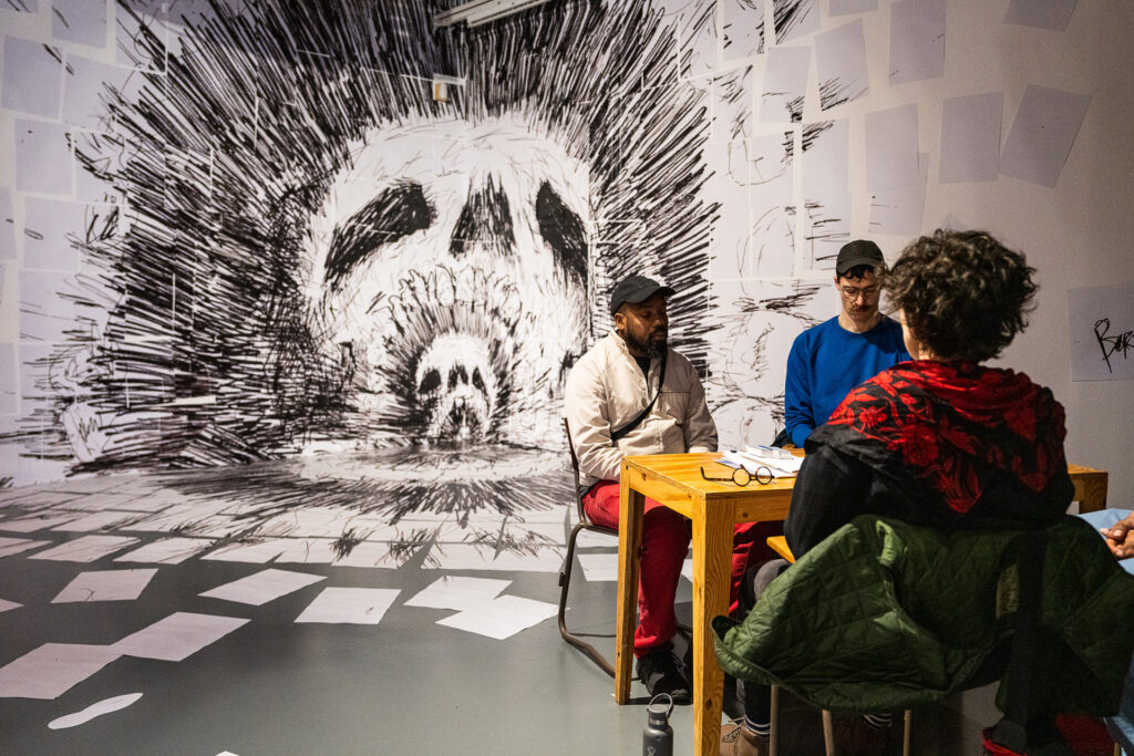 Participants during the performative book presentation by Rosa Vrij and illustration by borus.fuckyea at CAMPSITE Festival. Picture by Cem Altinöz.